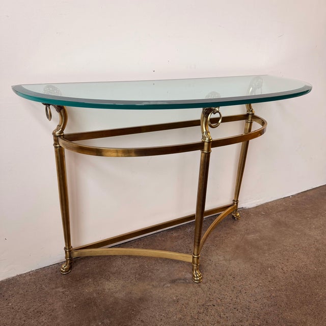 Mid-Century Modern Brass Labarge Demilune Lion’s Head Table With Glass For Sale - Image 3 of 8