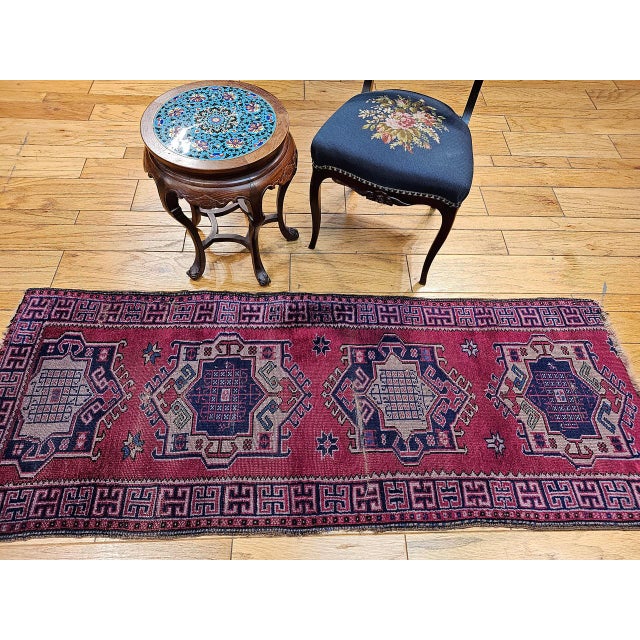 Textile Vintage Turkish Runner, Hand-Knotted Wool, Geometric Design, Red & Navy, 3' x 7' For Sale - Image 7 of 10