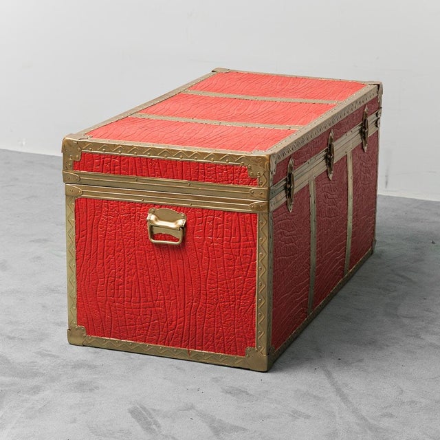 1950s Gold-Plated Metal and Red Leather Trunk, 1950s For Sale - Image 5 of 12