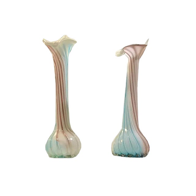 Pink, Blue and White Twisted Murano Glass Vases, 1940s, Set of 2 For Sale