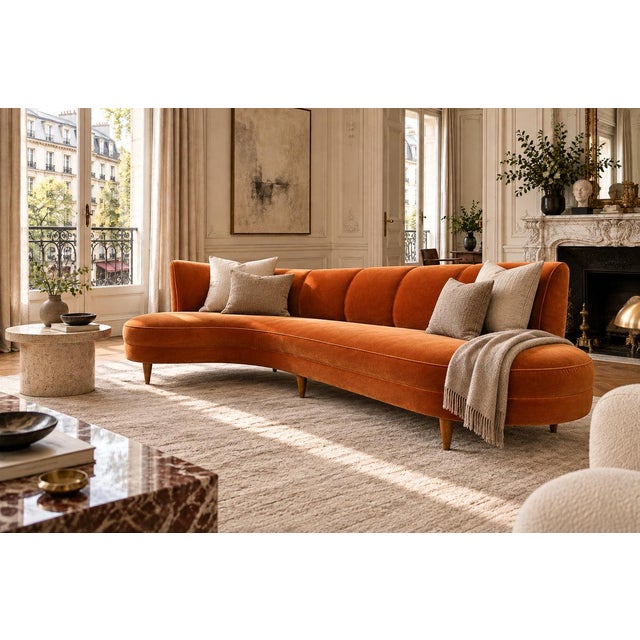 Brazilian Modern Sculptural Curved Sofa in Burnt Sienna Mohair Velvet, Brazil, 1950s For Sale - Image 11 of 18