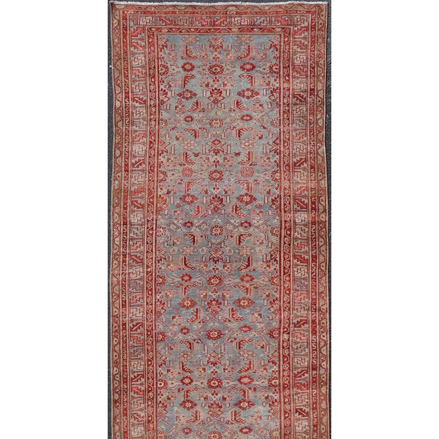 Tribal Antique Persian Gallery Malayer Runner With Red and Blue 4'3 X 16'10 For Sale - Image 3 of 10