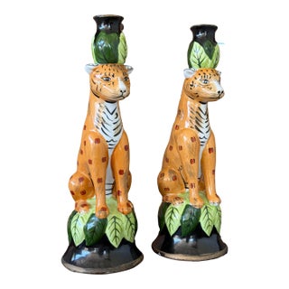 Ceramic Glazed Regency Cheetah Candlestick Holders by CPK-Pair For Sale
