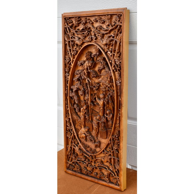 Chinese Vintage Wood Wall Plaque Chinese Hand Carved Panel High Relief Figural Asian 3d For Sale - Image 3 of 16