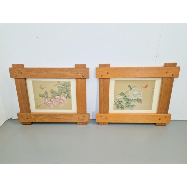 Chinese Hand-Painted Silk Artworks in Oak Frames, 1950s, Set of 2 For Sale - Image 9 of 9