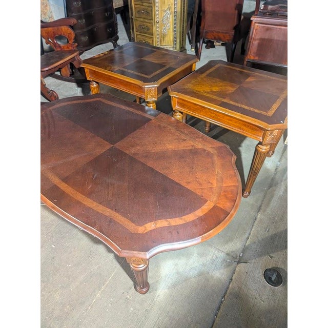 Wood Mid 20th Century Matching Parquetry Inlaid 3-Piece Occasional Table Set For Sale - Image 7 of 11