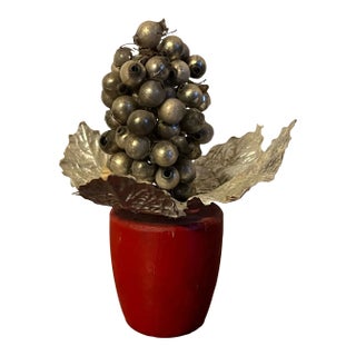 Antique Early 20th Century German Christmas Ornament Silver Mercury Glass Berry Tree Topiary Tree in Red Paint Decorated Wood Pot For Sale