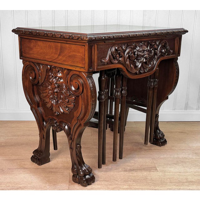 Antique Renaissance Revival Mahogany Northwind Library Table W/ Cocktail Tables For Sale - Image 4 of 12