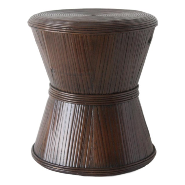 Vintage Sculptural Dark Bamboo Rattan Hourglass Bowtie Pedestal Table For Sale