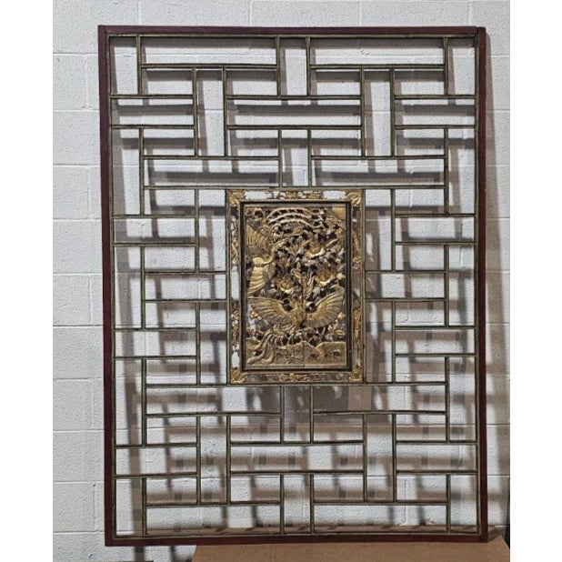 Store Item: Antique Hand Carved Gilt Chinese Figural in Red Lacquered Lattice Wood Panel Description: Chinese...