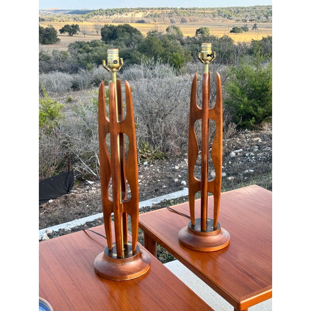 Pair of Vintage C. 1960s Mid Century Modern Sculptural Walnut & Brass Table Lamps For Sale - Image 9 of 9