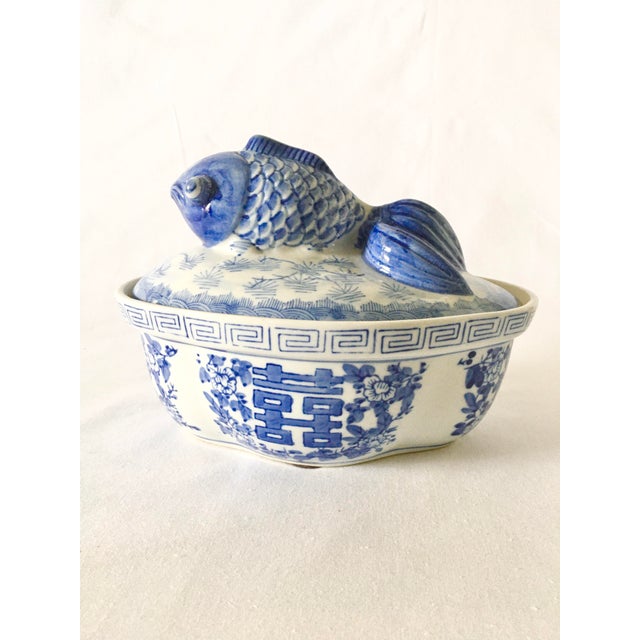Vintage MidCentury Japanese Serving Dish With Koi Fish Lid in Blue and
