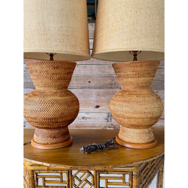 Pair of Vintage Sculptural Woven Rattan Table Lamps With Original Shades For Sale In Naples, FL - Image 6 of 12
