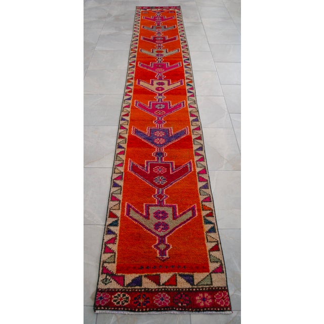 Hand-Knotted Turkish Runner Rug. Bright Orange Narrow Hallway Decor Kitchen Rug - 2' X 12'4" For Sale - Image 9 of 16