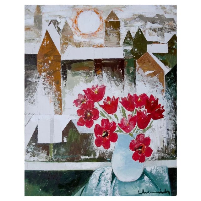 Laimdots Murnieks, City and Tulips, 1988, Oil on Cardboard For Sale