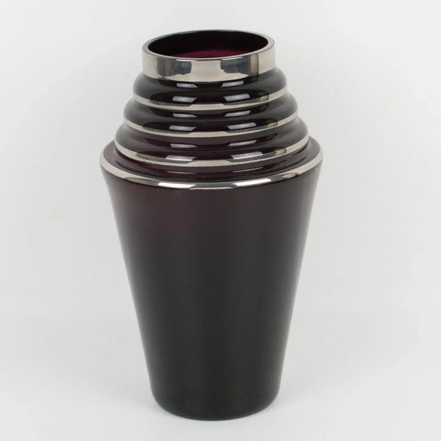 Metal French Art Deco Black Glass Vase With Silver Overlay Decor, 1930s For Sale - Image 7 of 7
