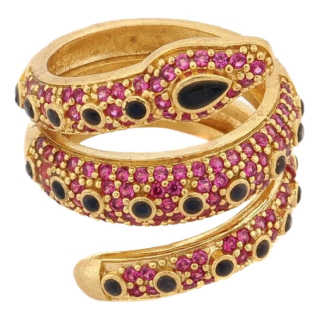Mystic Serpent Black & Ruby Stone Triple Wrap Ring, Adjustable size For Sale
