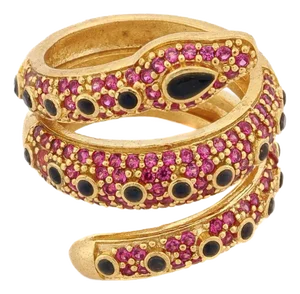Mystic Serpent Black & Ruby Stone Triple Wrap Ring, Adjustable size