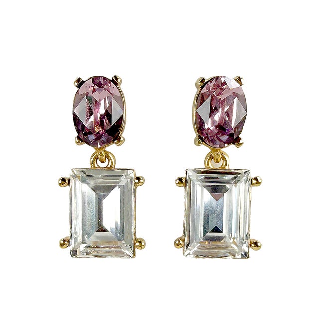 Oscar De La Renta Gold Plated Light Amethyst Crystal Rectangle Drop Post Earrings, A Pair For Sale - Image 9 of 12