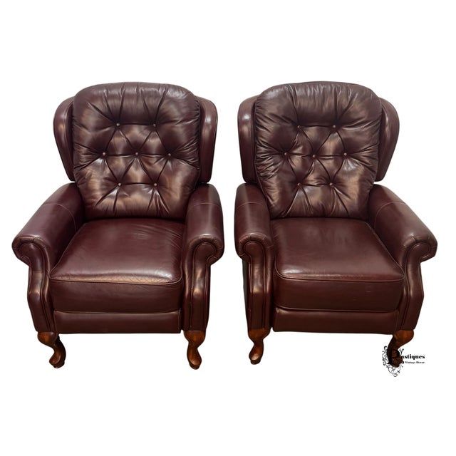 Vintage Traditional American Style Tufted Leather Recliners - Pair For Sale - Image 4 of 12