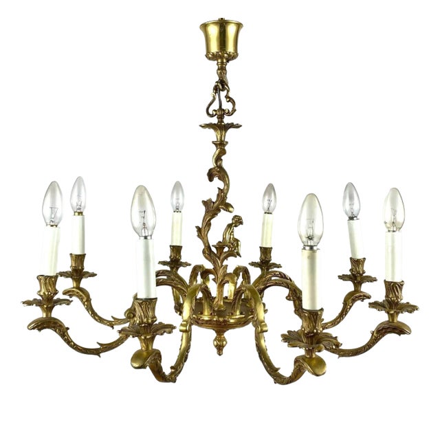 Bronze Chandelier with Cherub Figurine for 8 Light Points, France, 1950s For Sale