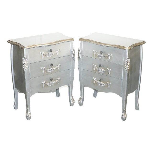 Baroque French Grey Silver 3 Drawer Bedside Tables, Set of 2 For Sale