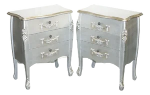 Baroque French Grey Silver 3 Drawer Bedside Tables, Set of 2
