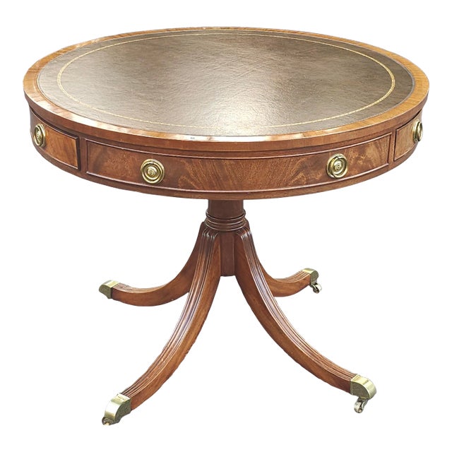 Councill Furniture Georgian Crotched Mahogany Leather Top 2 Drawer Center Table For Sale