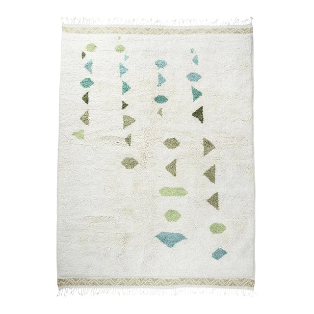 Natural White Moroccan Wool Rug With Forest Green, Olive Green, Celery, Teal and Aquamarine - 8x10 Ft For Sale