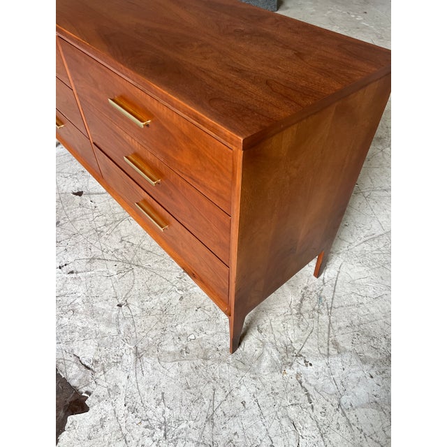 Broyhill Mid Century Modern Walnut and Brass Lowboy Dresser by Broyhill For Sale - Image 4 of 9