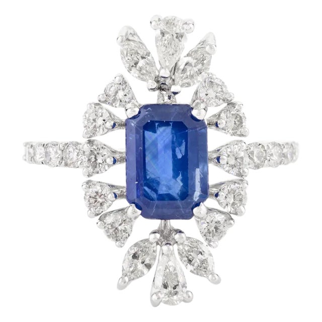 18k White Gold Art Deco Blue Sapphire and Diamond Wedding Ring Size 5.5 For Sale