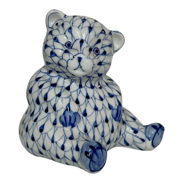 Andrea by Sadek Blue / White Fishnet Teddy Bear Figurine For Sale