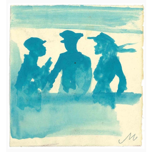 The Discussion is a watercolor Drawing realized by Mino Maccari (1924-1989) in the Mid-20th Century. Hand-signed on the...