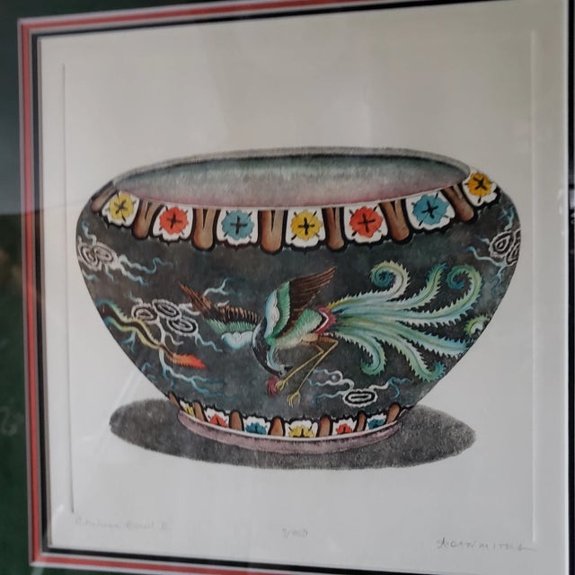 Vintage Gold Gilt Bamboo Square Frame Signed & Numbered Print Vintage "Chinese Bowl II" Dan Mitra Etching Hand Colored...