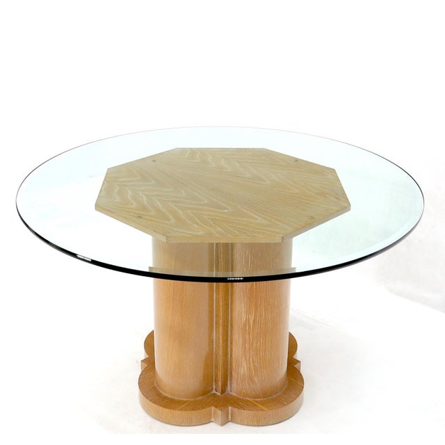 Mid 20th Century Cerused Oak Triple Cylinder Base 52" Round Glass Top Dining Conference Table For Sale - Image 5 of 12