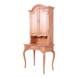 Thomasville French Provincial Louis XV Carved Oak Writing Desk With Bookcase Hutch Top