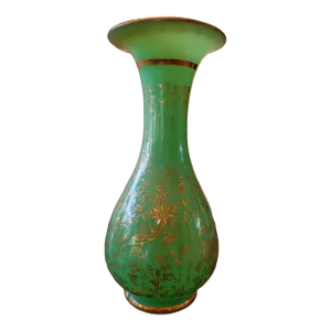 Antique Baccarat Style Jade French Opaline Vase Gold Gilt
