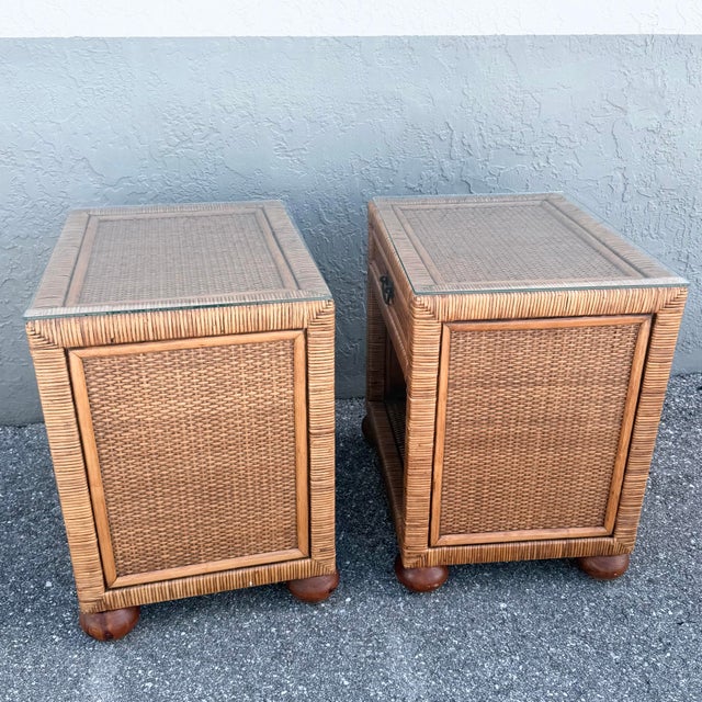 Wood Boho Chic Wicker Glass Top Nightstands - A Pair For Sale - Image 7 of 9