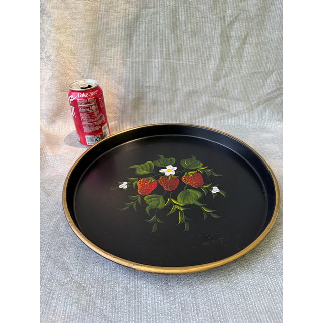 Black Vintage Strawberry Tole Round Tray For Sale - Image 8 of 17