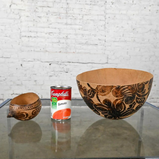 Mid to Late 20th Century South American Tribal Gourd Bowls Hand Carved Floral Details a Pair For Sale - Image 10 of 12