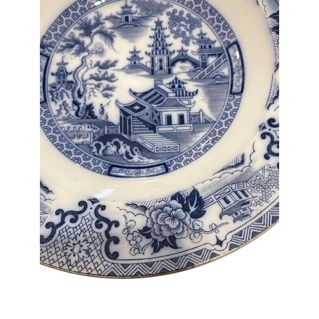 English Antique Blue& White Willow Shanghai Ironstone Soup Plate 8.5" D For Sale - Image 3 of 5