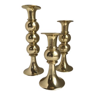 Brass Bobbin Taper Candleholders - 3 Pieces For Sale