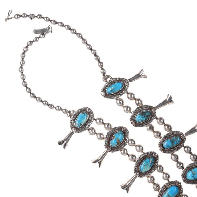 Vintage Native American Silver and Turquoise Squash Blossom Necklace For Sale - Image 4 of 5