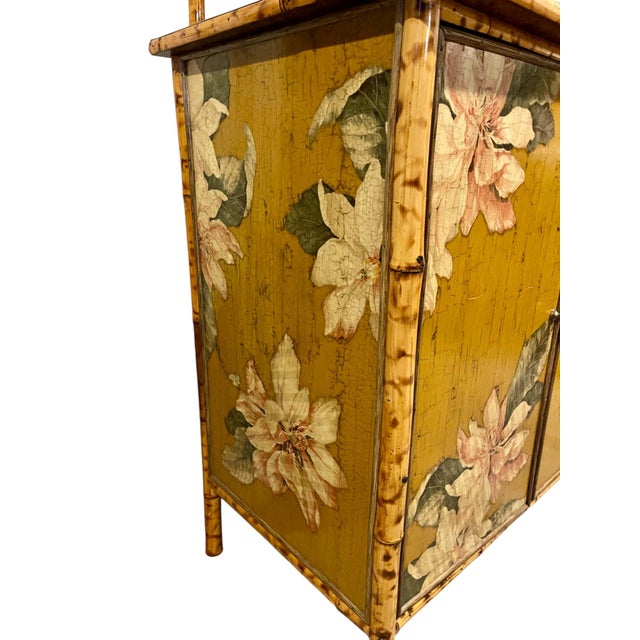 Wood Vintage Tortoiseshell Bamboo Large Floral Decoupage Chinoiserie Display Cabinet For Sale - Image 7 of 15