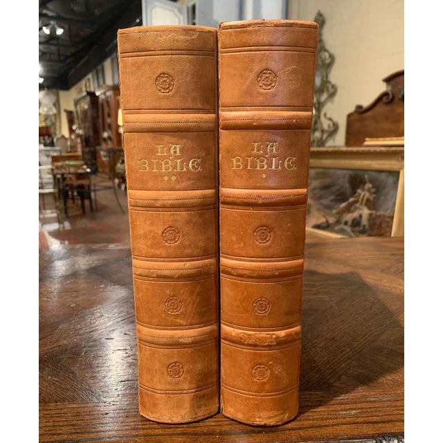 Animal Skin Midcentury French Leather Bound Two-Volume Holy Bible Dated 1953 For Sale - Image 7 of 13
