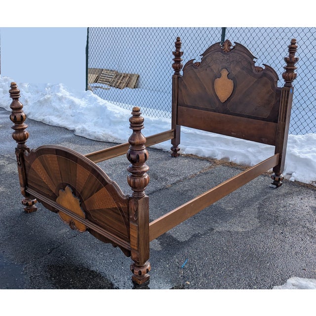 1990s Hand Carved Victorian Mansion Oak Bedframe | Full Size Solid Wood Bed Frame | Ornate Victorian Revival Traditional Furniture For Sale - Image 9 of 10