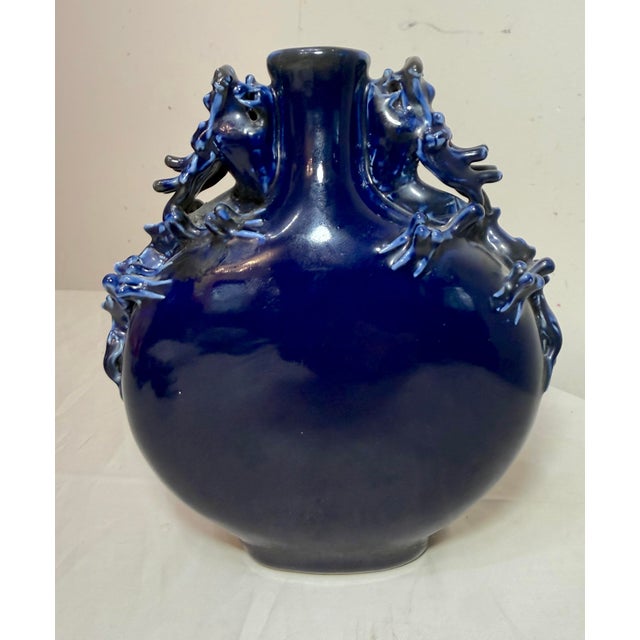 Vintage Handmade Chinese Cobalt Blue Moon Dragon Porcelain Pottery Figural Vase For Sale In New York - Image 6 of 10