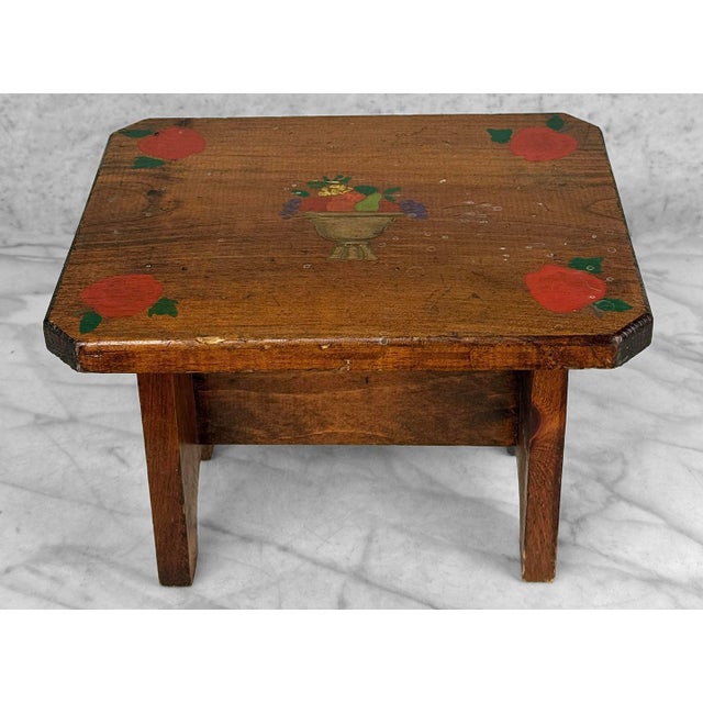 Farmhouse Vintage Farmhouse Folk Art Painted Pine Footstool For Sale - Image 3 of 10