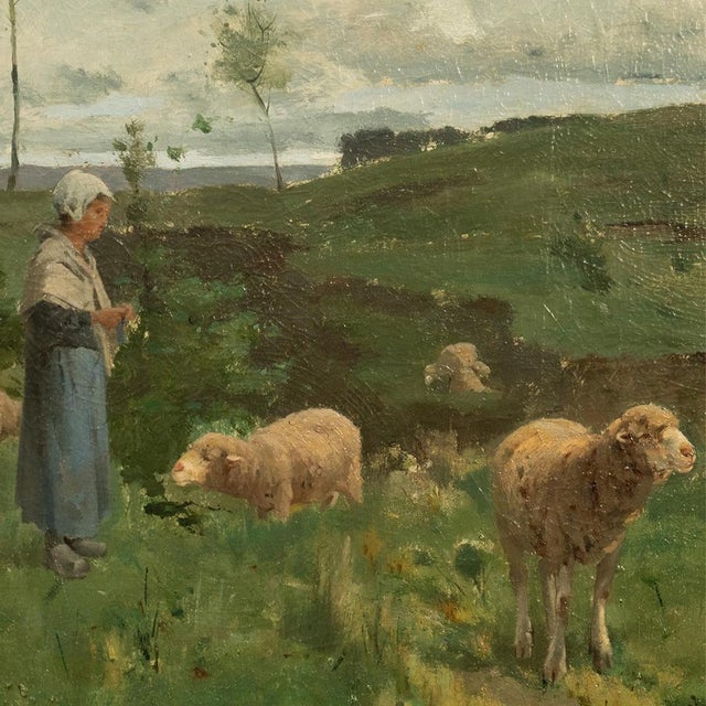 19thC Oil on Canvas French Pastoral Realism Barbizon School Landscape Painting by Harry Thompson, 1885 For Sale - Image 13 of 18