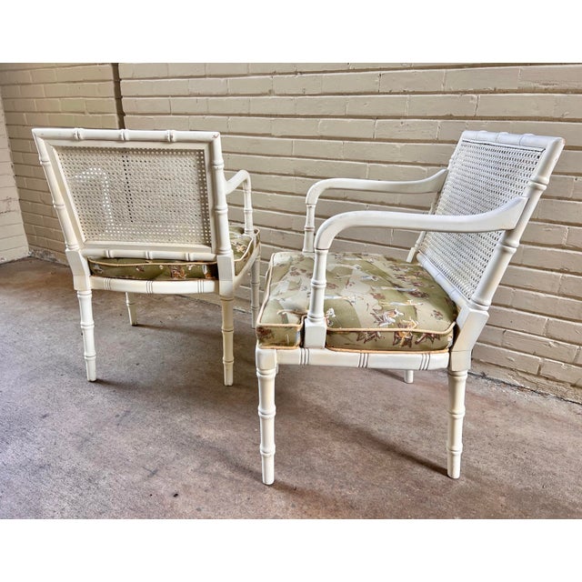 Chinoiserie Late 20th Century Faux Bamboo and Cane Backed Armed Side / Accent Chairs in Off White With Upholstered Seat - A Pair For Sale - Image 3 of 12